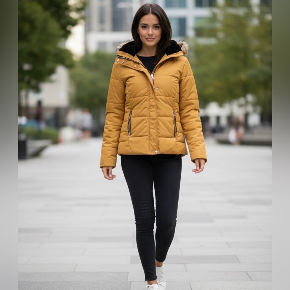 Fashion Nova Women's Medium Quilted Puffer Coat Mustard Yellow Black Faux Fur